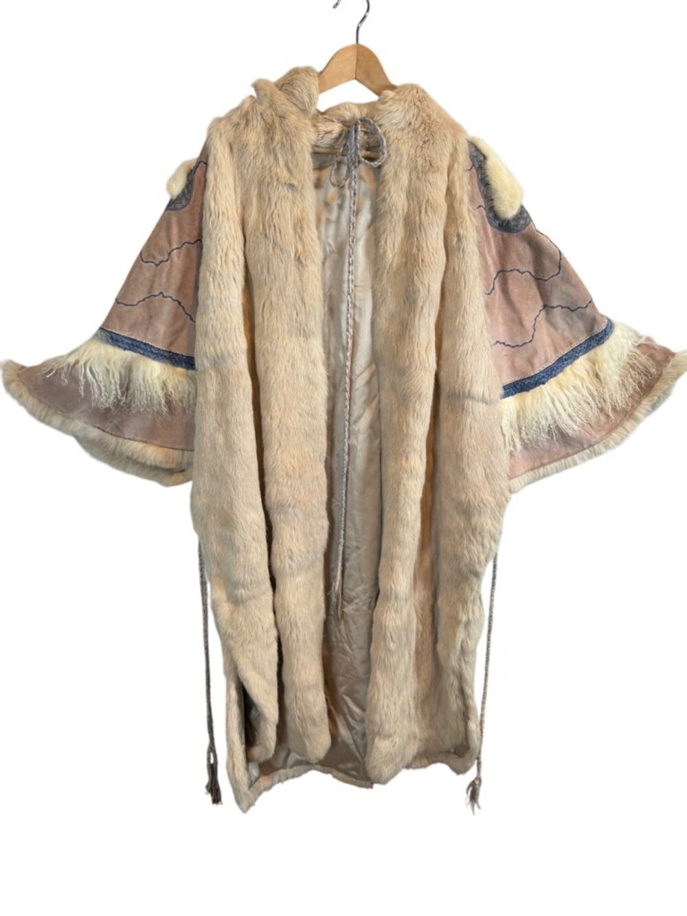 Vintage Vera Pelliccia Rabbit Fur Suede Cape Poncho Artistic Embroidery RARE - Picture 2 of 16